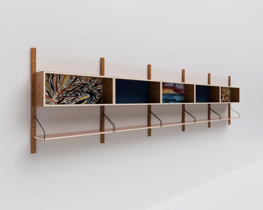 Isometric visual render 3D model of shelving unit in linear format with artwork displayed