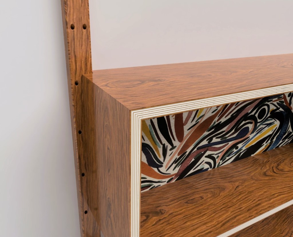 Close up photo realistic render on edge of 3d model displaying material grains and reflections