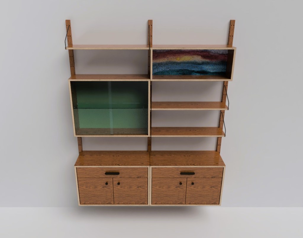 Photo realistic render, 3D model of modular shelving unit.